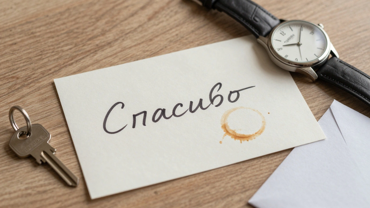A handwritten &#039;Спасибо&#039; on a desk beside a watch and payment envelope, symbolizing trust.