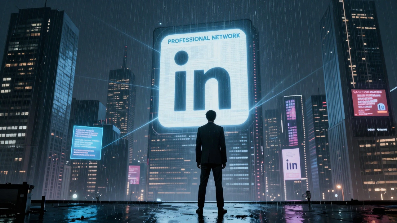 A lone professional in a noir digital city where only legitimate LinkedIn buildings glow brightly.