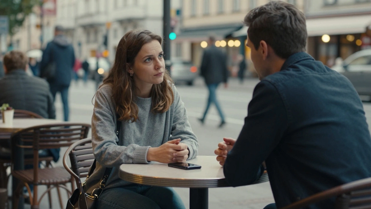 A Russian woman having a respectful, quiet conversation with a client in a neutral café.