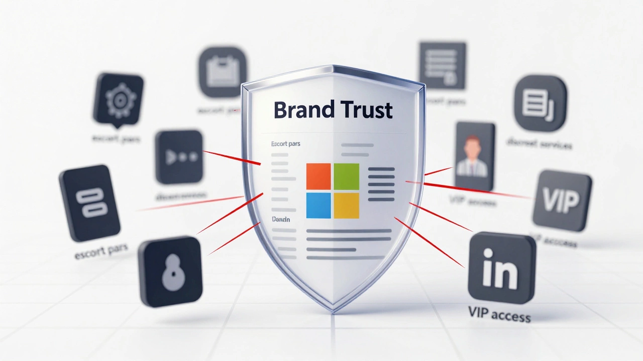 A transparent shield of trust protecting professional profiles from shadowy adult service ads in a corporate design style.