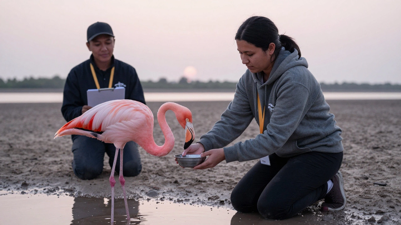 A volunteer kneeling beside a flamingo at a wildlife sanctuary at dawn.