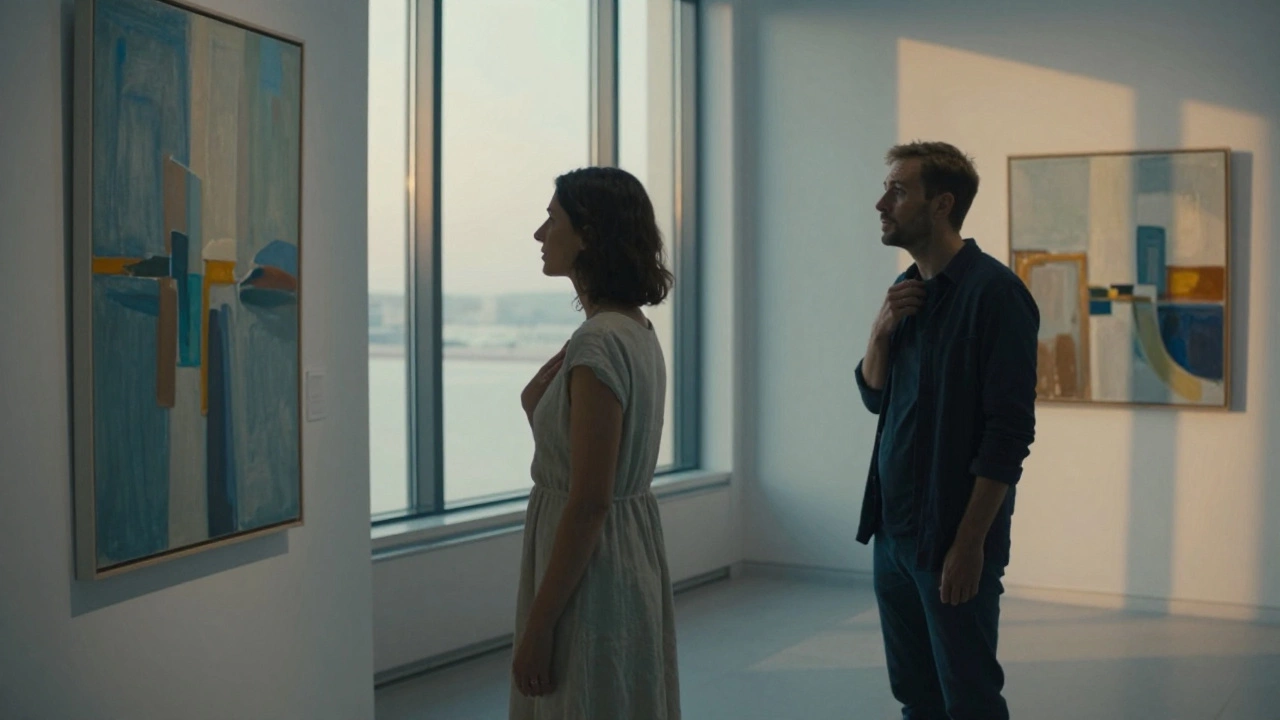 A woman standing before abstract art in a sunlit gallery, looking deeply moved.